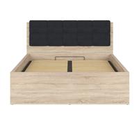 Lit adule 140x200 avec tête de lit capitonnée noir,sommier et rangement, coloris chêne Sonoma - Longueur 204,5 x Profondeur 149 x Hauteur 95/40,5 cm