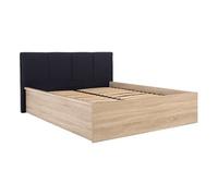 Lit adule 140x200 avec tête de lit capitonnée noir,sommier et rangement, coloris chêne Sonoma/noir - Longueur 204,5 x Profondeur 149 x Hauteur