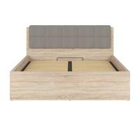 Lit adule 160x200 avec tête de lit capitonnée beige,sommier et rangement, coloris chêne Sonoma - Longueur 204,5 x Profondeur 169 x Hauteur 95/40,5 cm