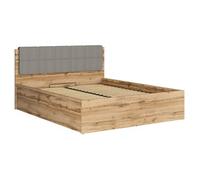 Lit adule 160x200 avec tête de lit capitonnée gris clair,sommier et rangement, coloris Chêne wotan - Longueur 204,5 x Profondeur 169 x Hauteur