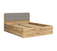 Lit adule 160x200 avec tête de lit capitonnée gris clair,sommier et rangement, coloris Chêne wotan - Longueur 204,5 x Profondeur 169 x Hauteur 95/40,5 cm
