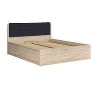 Lit adule 160x200 avec tête de lit capitonnée noir,sommier et rangement, coloris chêne Sonoma - Longueur 204,5 x Profondeur 169 x Hauteur 95/40,5 cm