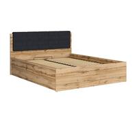 Lit adule 160x200 avec tête de lit capitonnée noir,sommier et rangement, coloris Chêne wotan - Longueur 204,5 x Profondeur 169 x Hauteur 95/40,5 cm -