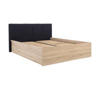 Lit adule 160x200 avec tête de lit capitonnée noir,sommier et rangement coloris Chêne wotan - Longueur 204,5 x Profondeur 169 x Hauteur 95/40,5 cm