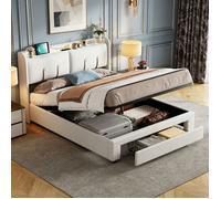 Lit adult capitonné 140x200 avec tiroirs et ports USB,tête de lit Cache rangement,lit double avec sommier à lattes,velours,beige