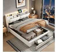 Lit adult capitonné 160x200 avec tiroirs et ports USB,tête de lit Cache rangement,lit double avec sommier à lattes,velours,beige