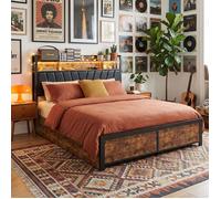 Lit adulte 140 x 200 cm Lit double Lit métal avec tête de lit rembourrée, LED, USB et 4 tiroirs, style industriel - Marron