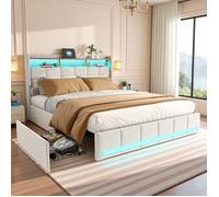 Lit adulte 140x190 cm avec 4 tiroirs, Lit double avec LED, USB et Type C, Sommier à Lattes, Lit capitonné 2 Personnes, en Lin beige