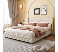 Lit adulte 140x190 cm cadre de lit à lattes et tête de lit lit double cache boutons cache rivets pieds bois lin, beige