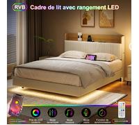 Lit adulte 140x190 cm, Lit double 140x190 cm avec LED et USB, Lit flottant rembourré avec sommier à lattes bois, lit 2 personnes,