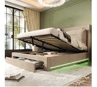 lit adulte 140x190 coffre hydraulique rangement LED velours beige avec tête de lit rembourrée et tiroir bout de lit Grjofek