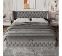 Lit adulte 140x190 velours gris clouté, tête capitonnée, sommier lattes, coffre intégré, confort et élégance Gris gris LIT COMBINE