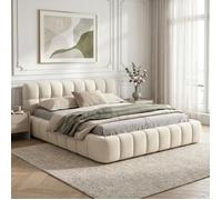 Lit adulte 140x200 cm avec sommier à lattes, lit double avec dossier rembourré, style scandinave moderne, lin, beige