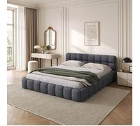 Lit adulte 140x200 cm avec sommier à lattes, lit double avec dossier rembourré, style scandinave moderne, lin, gris
