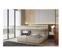 Lit adulte 140x200 cm BOND - avec rangement et matelas ressorts ensachés - tissu velours - beige