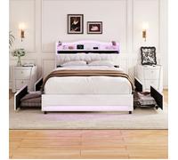 Lit adulte 140x200 cm, lit double avec 4 tiroirs de rangement, LED, USB et Type C, cadre de lit avec sommier, tissu en velours beige