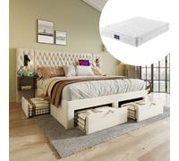 Lit adulte 160x200 cm avec 2 tables de chevet et 4 tiroirs, lampe, en velours, beige
