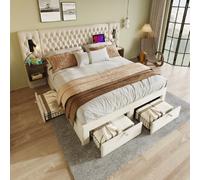 Lit adulte 160x200 cm avec 2 tables de chevet et 4 tiroirs, lampe, en velours, beige