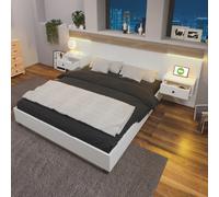 Lit adulte 160x200 cm avec 2 tables de chevet et LED, en bois, blanc
