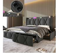 Lit adulte 160x200 cm avec chargement USB et 4 tiroirs lit double avec sommier à lattes tissu en lin gris