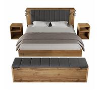 Lit adulte 160x200 cm avec lampes de lecture USB, tables de chevet et banc coffre, structure bois chêne