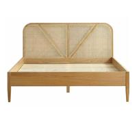 Lit adulte 160x200 cm en placage chêne avec tête de lit en bois massif et cannage naturel - Leonie