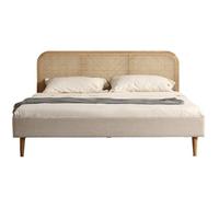 Lit adulte 160x200 cm en velours côtelé beige avec tête de lit en cannage - Dalia