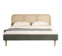 Lit adulte 160x200 cm en velours côtelé vert kaki avec tête de lit en cannage - Dalia