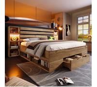 Lit adulte 160x200, Lit double avec chevets suspendus, Tiroirs, LED, Ports USB, Cadre de lit 2 Personnes avec rangement, Bois massif