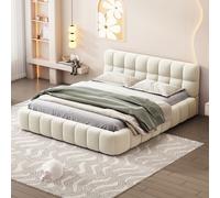 Lit adulte 160x200cm en lin avec dossier moelleux, lit plat avec sommier à lattes, beige