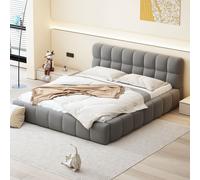 Lit adulte 160x200cm en lin avec dossier moelleux, lit plat avec sommier à lattes, gris