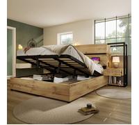 Lit adulte 180x200 cm avec rangement tête de lit USB et Type-C chevets intégrés MDF métal chêne