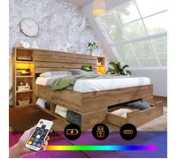 Lit adulte 180x200, Lit double avec chevets suspendus, Tiroirs, LED, Ports USB, Cadre de lit 2 Personnes avec rangement, Bois massif