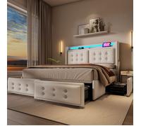 Lit adulte 180x200cm en tissu lin - 4 tiroirs - avec LED et Ports de recharge - avec sommier à lattes - Beige