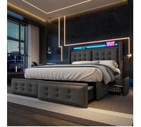 Lit adulte 180x200cm en tissu lin - avec LED et Ports de recharge - 4 tiroirs - avec sommier à lattes - Gris