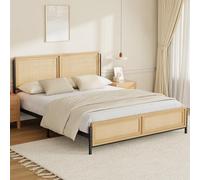 Lit Adulte 2 Personnes 140x200cm,Avec Tête De Lit Rotin,Sommier En Metal | Cadre de Lit Bohème robuste Anti grincement,Montage Facile,Plusieurs pieds,Espace de rangement sous Lit,pour Chambre