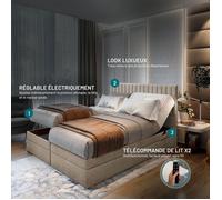 Lit adulte ADÈLE - ensemble matelas+sommier relaxation électrique - 160x200 cm - velours beige