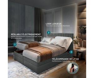 Lit adulte ADÈLE - ensemble matelas+sommier relaxation électrique - 160x200 cm - velours gris foncé