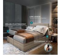 Lit adulte ADÈLE - ensemble matelas+sommier relaxation électrique - 180x200 cm - velours beige