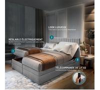 Lit adulte ADÈLE - ensemble matelas+sommier relaxation électrique - 180x200 cm - velours gris clair
