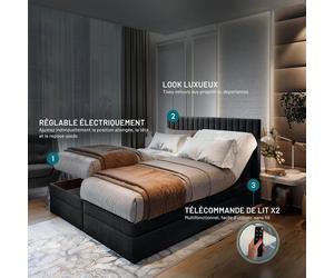 Lit adulte ADÈLE - ensemble matelas+sommier relaxation électrique - 200x200 cm - velours noir
