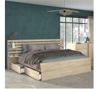 Lit adulte avec tête de lit et tiroirs bois naturel 160x200 CLEM - Bois naturel - Terre de Nuit