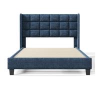 Lit adulte double 140x200cm avec sommier à lattes, capitonné style scandinave, lin bleu