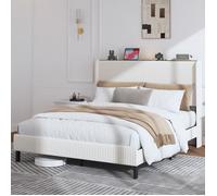 Lit adulte Double 160×200 cm tête de lit capitonnée, structure anti-bruit - TCQPZ - sans matelas, velours côtelé - beige crème