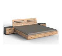 Lit adulte double 160 x 200 + 2 chevets coloris effet bois - Longueur 169 x Profondeur 210 x Hauteur 81 cm