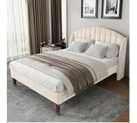 Lit adulte double - LANGTU - Lit rembourré 140x190 cm - Velours beige - Sommier à lattes - Tête de lit rembourrée