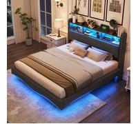 Lit adulte double - TKOPY - Lit rembourré 160x200cm avec LED et USB - Lit avec type-C et rangement - design suspendu, Lin Gris
