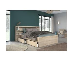 Lit adulte ESCALE 160x200 cm - Décor chene du Japon - 2 tiroirs + Tete de lit - L222,8 x H98,2 x P216,8 cm - Fabriqué en France