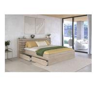 Parisot Lit Adulte ESCALE 180x200 cm - Décor Chene du Japon - 2 tiroirs + Tete de lit - L235.4 x H98,2 x P216,8 cm - Fabriqué en France