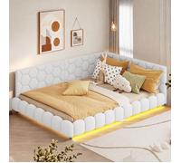 Lit adulte lit plat en tissu blanc 140x200 cm avec sommier à lattes et tête de lit rembourrée lit double lumières LED et USB